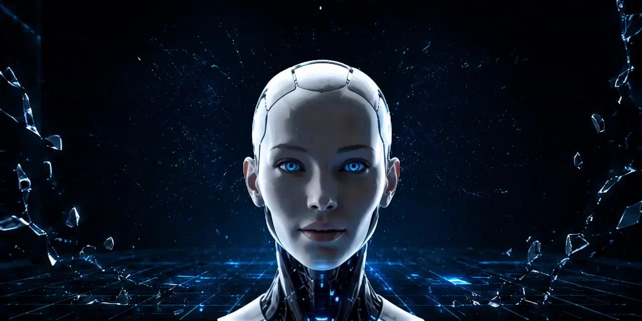 Avatar androide de SYNAPSE en un entorno futurista con vidrio fragmentado