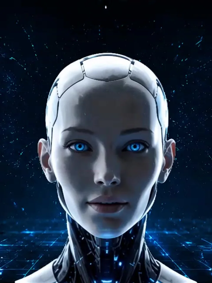 Avatar androide de SYNAPSE en un entorno futurista con vidrio fragmentado